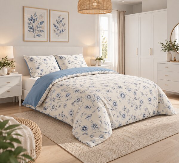 Lenjerie de Pat 2 Persoane 100% Bumbac, 4 Piese – Imprimeu Floral Bleu