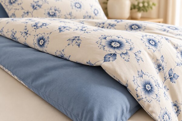 Lenjerie de Pat 2 Persoane 100% Bumbac, 4 Piese – Imprimeu Floral Bleu