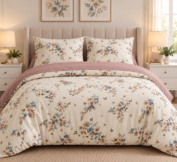 Lenjerie de Pat 2 Persoane 100% Bumbac, 4 Piese – Imprimeu Floral bej
