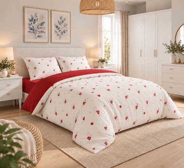 Lenjerie de Pat 2 Persoane 100% Bumbac, 4 Piese – Imprimeu inimi rosii