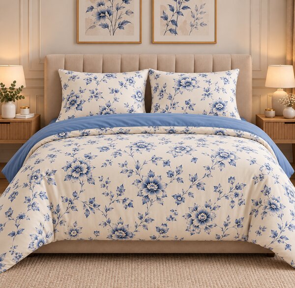 Lenjerie de Pat 2 Persoane 100% Bumbac, 4 Piese – Imprimeu Floral Bleu