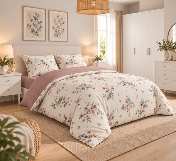 Lenjerie de Pat 2 Persoane 100% Bumbac, 4 Piese – Imprimeu Floral bej