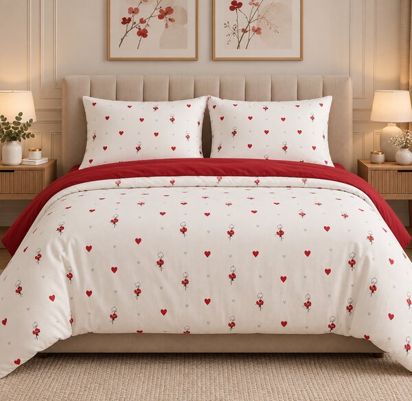 Lenjerie de Pat 2 Persoane 100% Bumbac, 4 Piese – Imprimeu inimi rosii