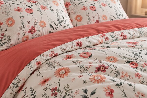 Lenjerie de Pat 2 Persoane 100% Bumbac, 4 Piese – Imprimeu floral portocaliu