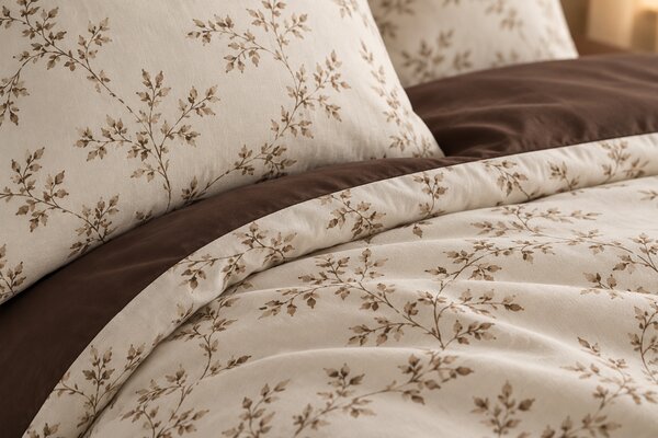 Lenjerie de Pat 2 Persoane 100% Bumbac, 4 Piese – Imprimeu floral maro
