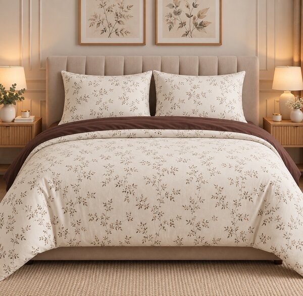 Lenjerie de Pat 2 Persoane 100% Bumbac, 4 Piese – Imprimeu floral maro