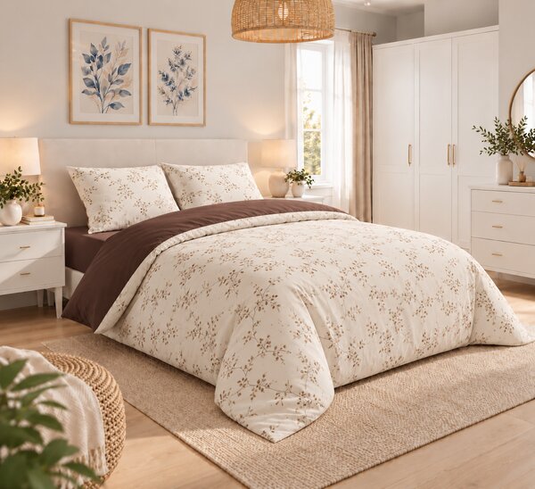Lenjerie de Pat 2 Persoane 100% Bumbac, 4 Piese – Imprimeu floral maro