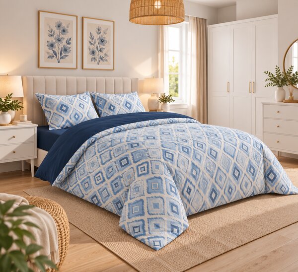 Lenjerie de Pat 2 Persoane 100% Bumbac, 4 Piese – Imprimeu albastru geometric