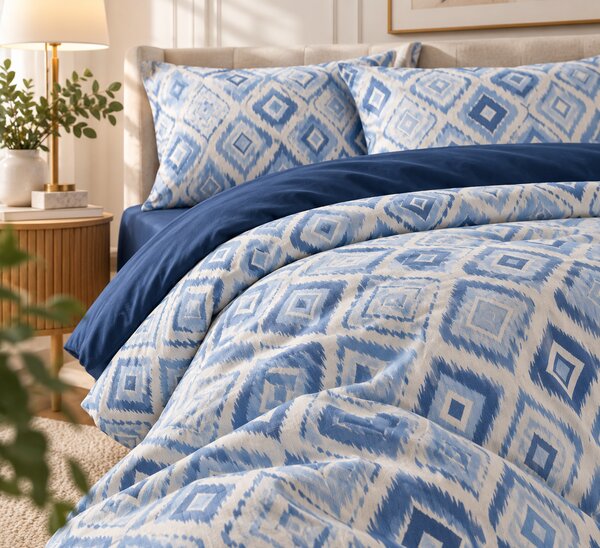 Lenjerie de Pat 2 Persoane 100% Bumbac, 4 Piese – Imprimeu albastru geometric