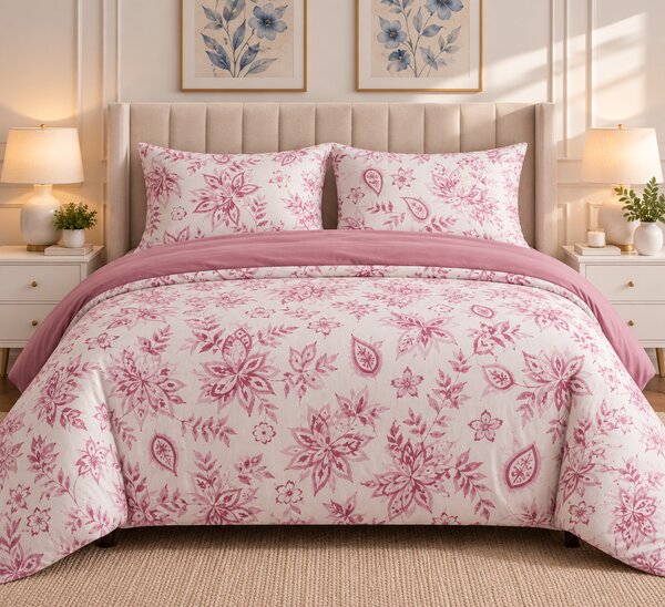 Lenjerie de Pat 2 Persoane 100% Bumbac, 4 Piese – Imprimeu floral mov