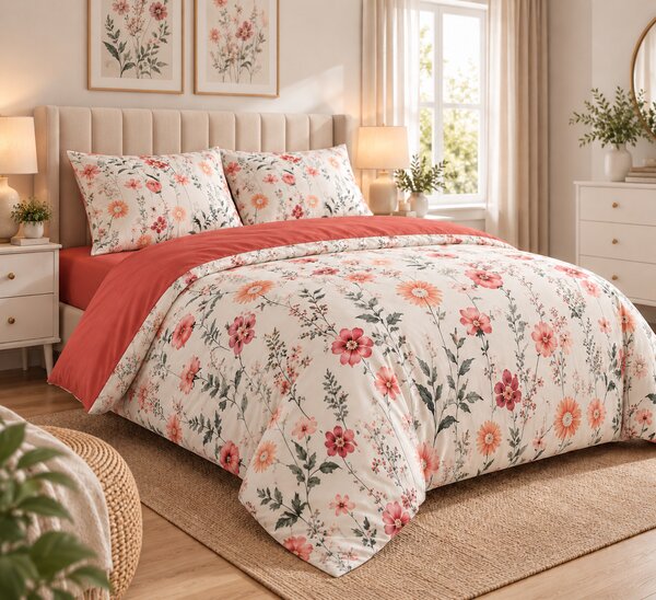 Lenjerie de Pat 2 Persoane 100% Bumbac, 4 Piese – Imprimeu floral portocaliu