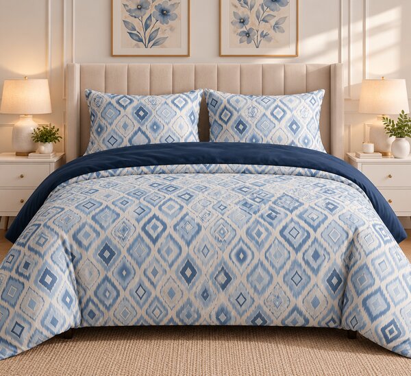 Lenjerie de Pat 2 Persoane 100% Bumbac, 4 Piese – Imprimeu albastru geometric
