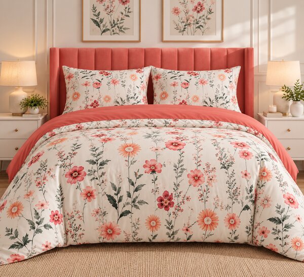 Lenjerie de Pat 2 Persoane 100% Bumbac, 4 Piese – Imprimeu floral portocaliu