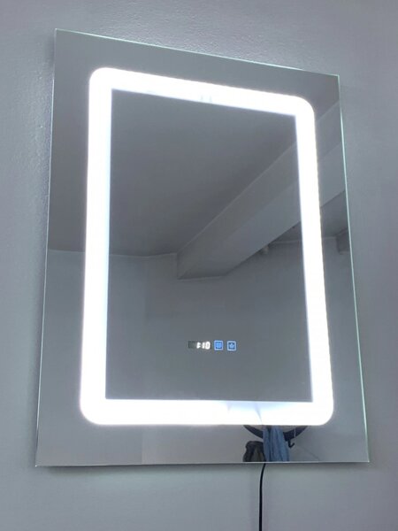 Oglinda baie cu LED, dezaburire, buton touch, ceas si termometru, 60x80 cm