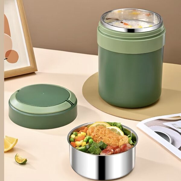 Lunch box termoizolant Pufo din inox cu farfurie interioara detasabila si capac etans, pentru mâncare sau supe, 2 L, verde