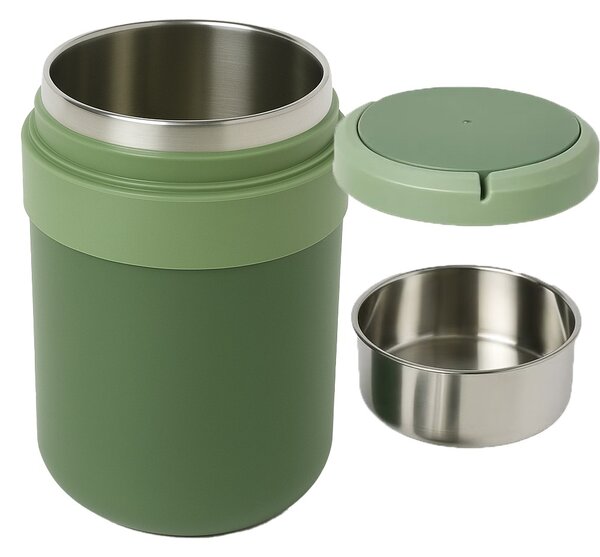 Lunch box termoizolant Pufo din inox cu farfurie interioara detasabila si capac etans, pentru mâncare sau supe, 2 L, verde