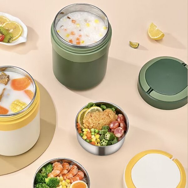 Lunch box termoizolant Pufo din inox cu farfurie interioara detasabila si capac etans, pentru mâncare sau supe, 2 L, verde