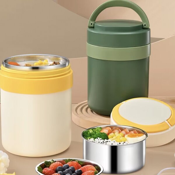 Lunch box termoizolant Pufo din inox cu farfurie interioara detasabila si capac etans, pentru mâncare sau supe, 2 L, verde