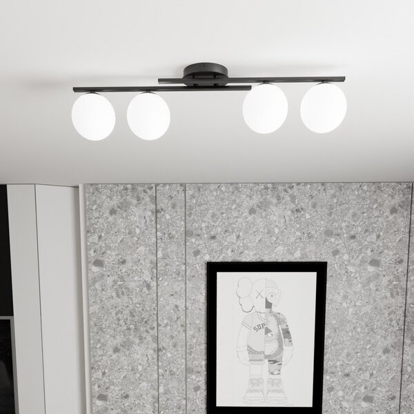 EMIBIG LIGHTING Plachetă de tavan Kairo, negru/opal, lungime 87 cm, 4 becuri., reglabil, Negru, Camera de zi / sufragerie, Metal, Modern