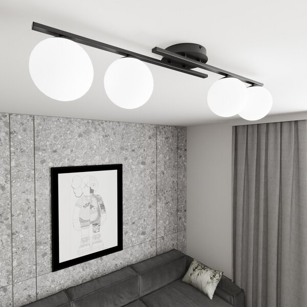 EMIBIG LIGHTING Plachetă de tavan Kairo, negru/opal, lungime 87 cm, 4 becuri., reglabil, Negru, Camera de zi / sufragerie, Metal, Modern