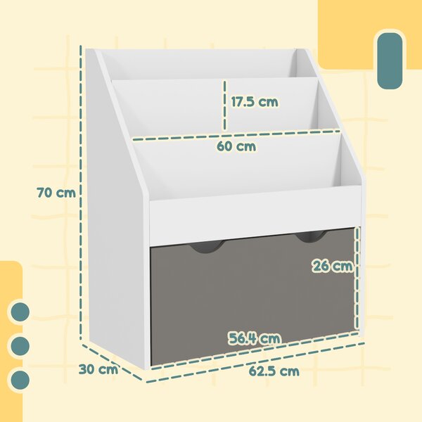 AIYAPLAY Bibliotecă pentru Copii 3-8 Ani cu 3 Rafturi și Sertar Inferior, din MDF, 62.5x30x70 cm, Gri | Aosom Romania