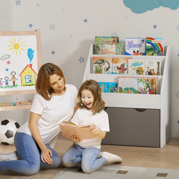 AIYAPLAY Bibliotecă pentru Copii 3-8 Ani cu 3 Rafturi și Sertar Inferior, din MDF, 62.5x30x70 cm, Gri | Aosom Romania