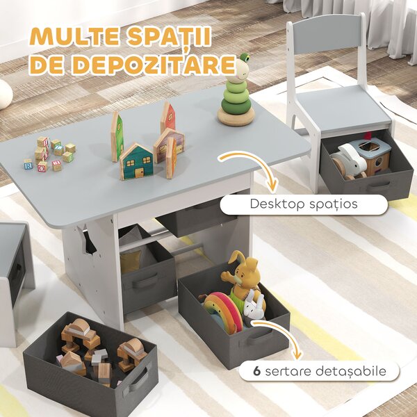 AIYAPLAY Set masă și scaune pentru copii cu 6 sertare detașabile, gri deschis | Aosom Romania