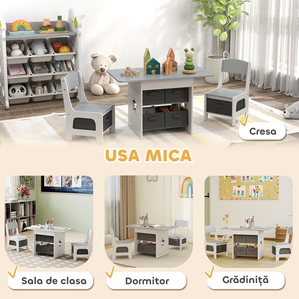 AIYAPLAY Set masă și scaune pentru copii cu 6 sertare detașabile, gri deschis | Aosom Romania