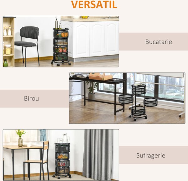 Carucior utilitar rulant cu cosuri metalice rotative, 4 niveluri de depozitare, otel si plastic PP, Negru 33x33x77cm HOMCOM | Aosom Romania