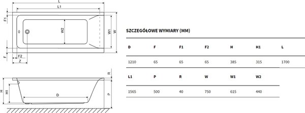 Excellent Savia cada dreptunghiulară 170x75 cm alb WANL.SAV170.75WH