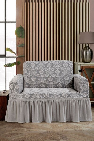 Husa elastica pentru fotoliu, cu volanas si model Jacquard Alb