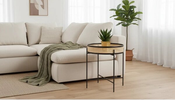 Masuta cafea LANIPA, negru/stejar natural, ratan/otel, 50x50x55 cm