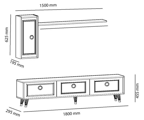 Set comoda tv si modul superior Vals Homs, 180 x 45.5 x 29.5 cm, negru/auriu