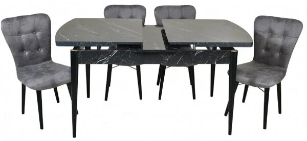 Set masa extensibila cu 6 scaune tapitate Homs cristal negru-gri 170 x 80 cm
