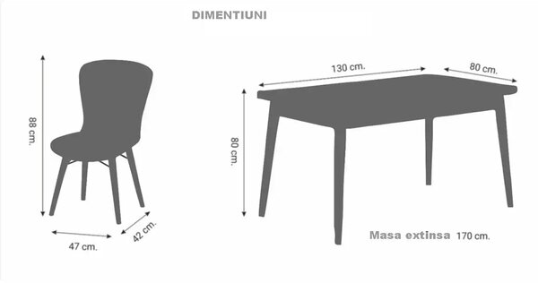 Set masa extensibila cu 6 scaune tapitate Homs cristal 170 x 80 cm