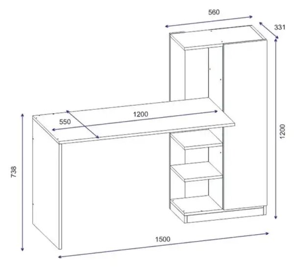 Birou alb cu biblioteca Elena Homs, 150 x 550 x 120 cm