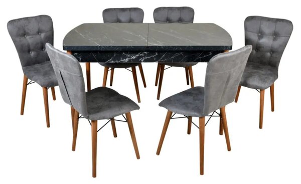 Set masa extensibila cu 6 scaune tapitate Homs cristal negru-gri 170 x 80 cm