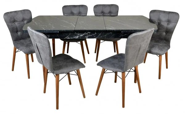 Set masa extensibila cu 6 scaune tapitate Homs cristal negru-gri 170 x 80 cm