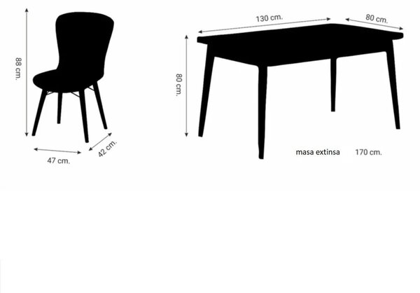 Set masa alba extensibila cu 6 scaune tapitate maro Homs Cristal 170 x 80 cm, picioare lemn