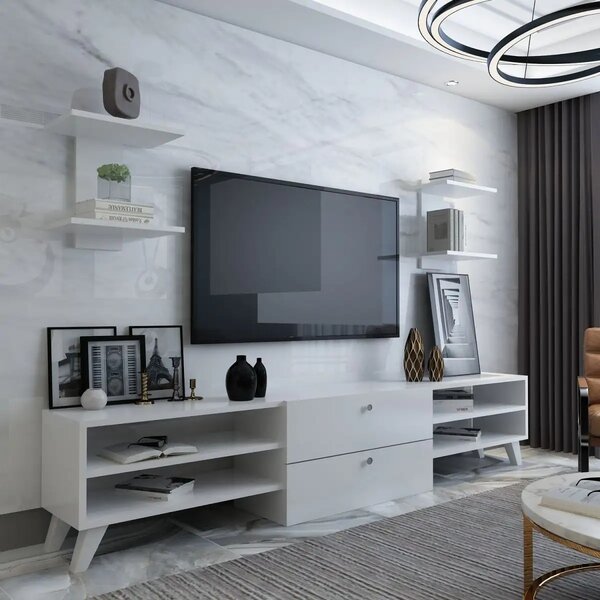 Comoda tv alba cu 2 rafturi suspendate, Alma Homs 1200 mm