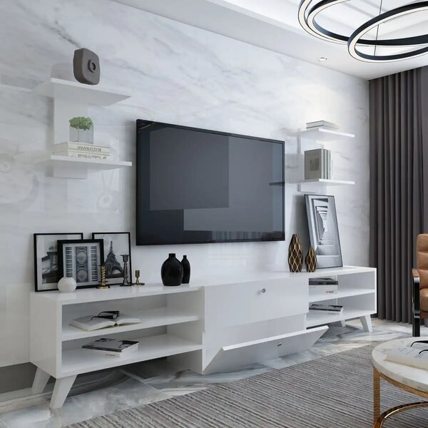 Comoda tv alba cu 2 rafturi suspendate, Alma Homs 1200 mm