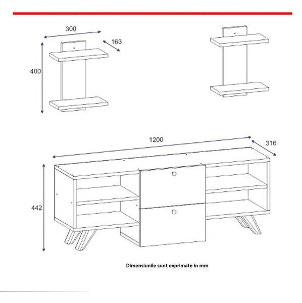 Comoda tv alba cu 2 rafturi suspendate, Alma Homs 1200 mm