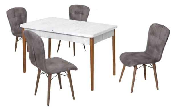 Set masa alba extensibila cu 4 scaune tapitate gri Homs picioare lemn 170 x 80 cm