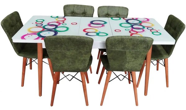 Set masa extensibila picioare lemn, blat sticla securizata multicolor +6 scaune tapitate Fusion Homs verde 80x 170 cm