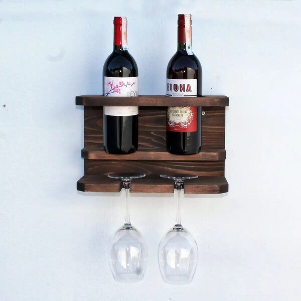 Suport din lemn pentru 2 sticle vin si 2 pahare Homs 32 x 20 x 15 cm, maro