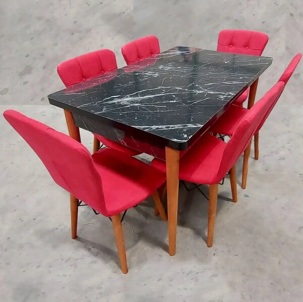 Set masa extensibila cu 6 scaune tapitate Homs cristal negru-rosu170 x 80 cm