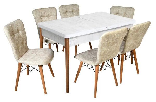 Set masa extensibila cu 6 scaune tapitate Homs cristal alb-bej 170 x 80 cm