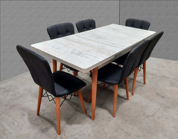 Set masa extensibila cu 6 scaune tapitate Homs cristal alb-negru 170 x 80 cm