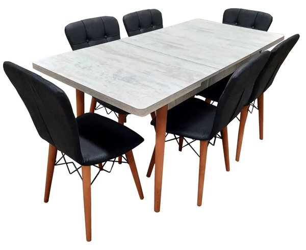 Set masa extensibila cu 6 scaune tapitate Homs cristal alb-negru 170 x 80 cm