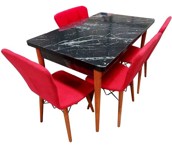 Set masa extensibila cu 4 scaune tapitate Homs cristal negru-rosu110 x 70 cm